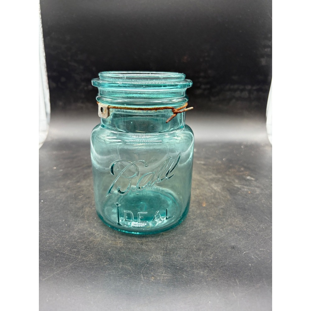 Vintage Ball Ideal Aqua Blue Glass Mason Jar with Wire Bail Patina Antique